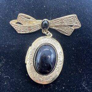 Vintage Gold-Tone Bow Locket Pin Oval Photo Locket Brooch Black Cabochon